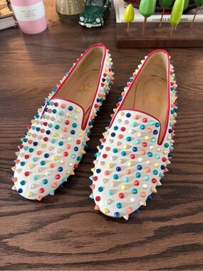 Christian Louboutin White Multicolor Spike Loafers EU41